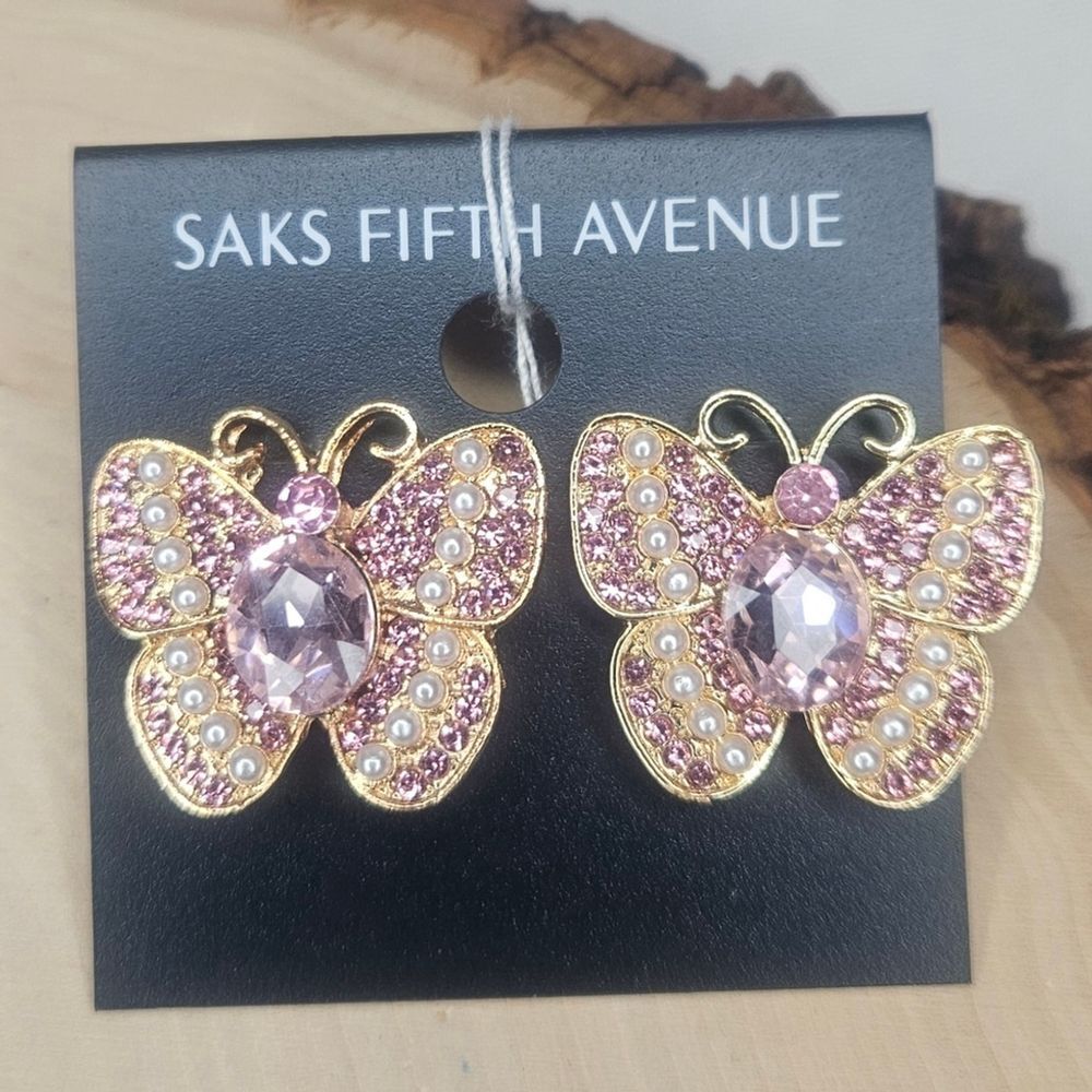 Saks Fifth Avenue NWT Pink Rhinestone And Pearl Butterfly Stud Earrings